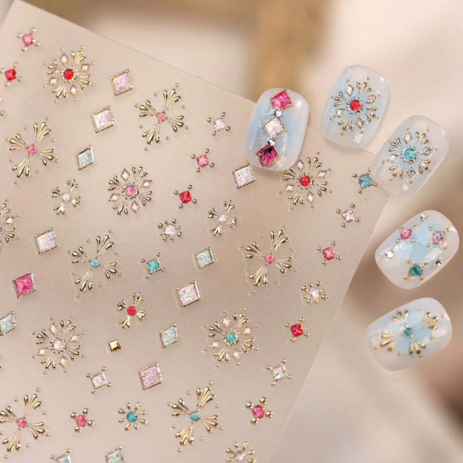 Klassische 5D-Nagelkunst-Aufkleber im Palast-Stil, Retro-Schmuck, Schneeflocken-Quadrat, glänzender Edelstein, selbstklebend, luxuriös, für Damen, Nagelaufkleber – Detail 4