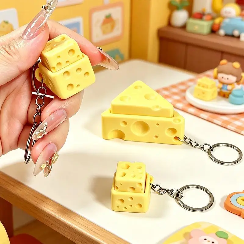 Mini Cheese Shaped Fidget Keychain Lightweight Stress Relief Squeeze Toy Cute Bag Decor Small Gift for Kids Teen Friends