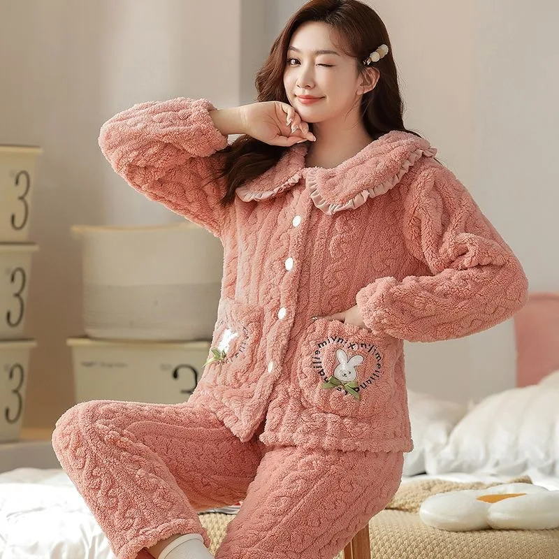 2023 neue Winter pyjamas Frauen Korallen Fleece Wärme verdickt Lounge wear Fleece Student Cartoon Flanell Outwear Homewear Set