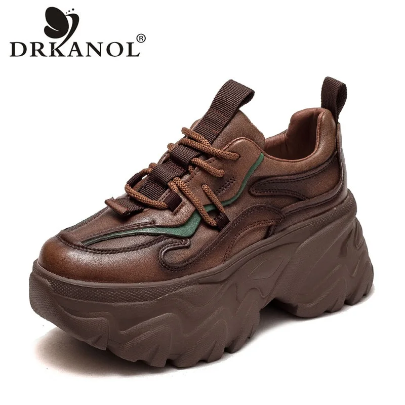 DRKANOL 2024 Autumn Winter Warm Shoes Women Genuine Leather Platform Casual Sneakers Fashion Thick Sole Height Increasing Shoes