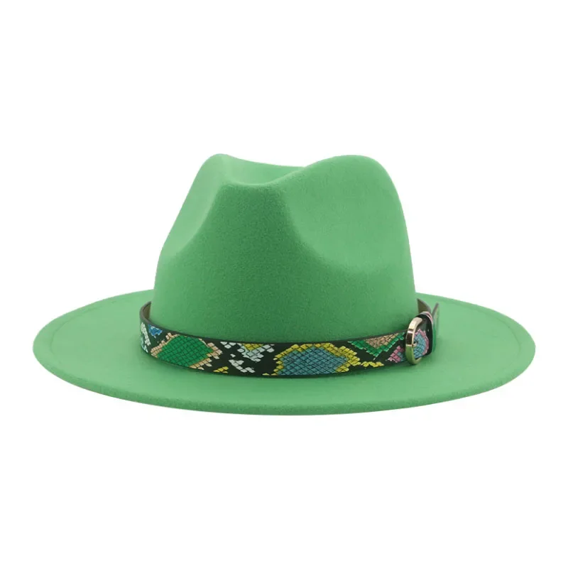 Hats for Men Belt Snake Print Vintage Street Fedora Hats Wide Brim Green Black Fascinator Women Felted Hats Sombreros De Mujer