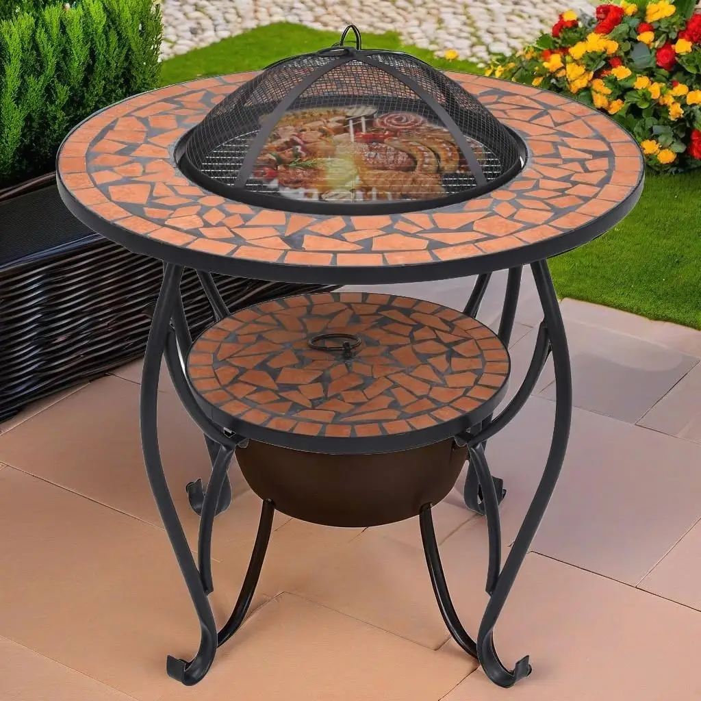 Terracotta Mosaic Fire Pit Table - 26.8 Ceramic Outdoor Heater for Patio & Garden