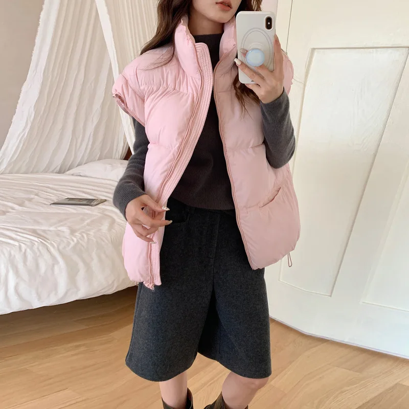 

2025 New Women's Solid Color Zipper Pocket Cotton Jacket Vest Fashion Stand Up Collar Temperament Commuting Jacket