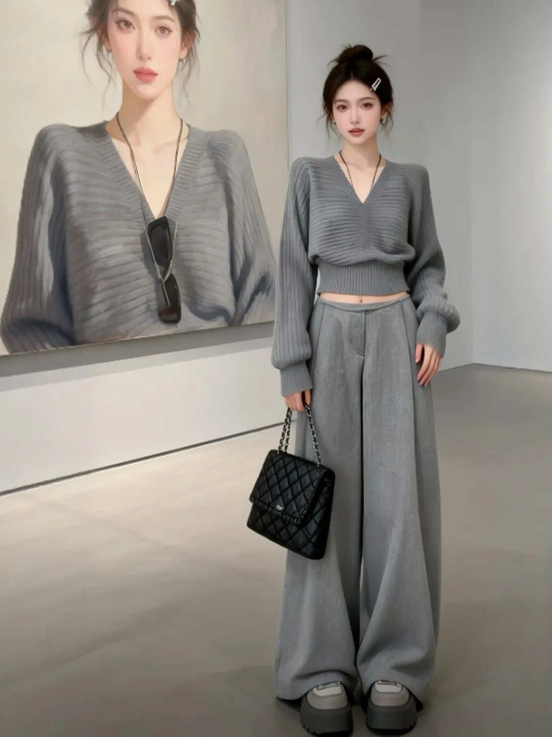 

Slimming V-Neck Waist-Cinching Sweater Casual Style Spring Fashion Lazy Trendy Top Women's Long Sleeve Crew Neck Sweatshirt