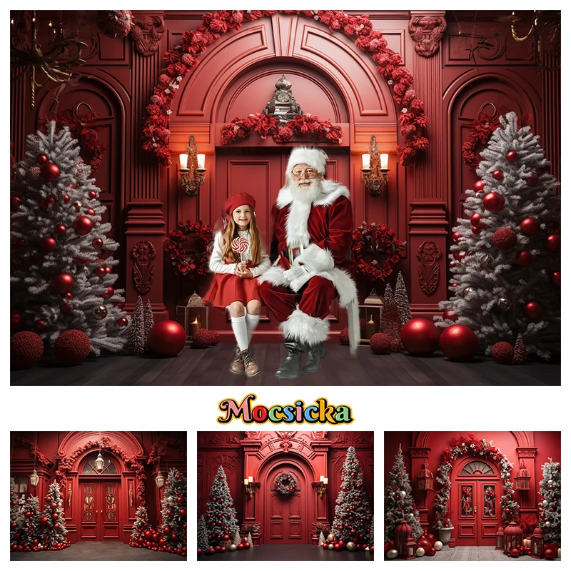 

Mocsicka Christmas Red Door Background Photography Xmas Tree New Year's Adult Kids Children Photozone Backdrop Decoration Studio