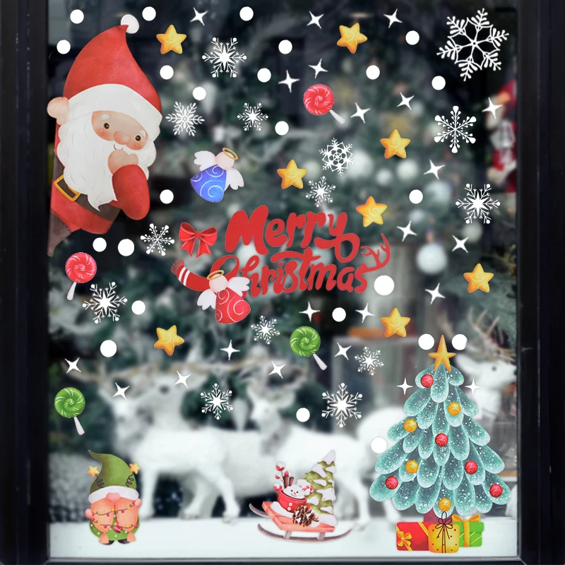 9pcs/Set 2025 Merry Christmas Santa Claus Window Stickers For Home Children Room Wall Decals Happy New Year Window Sticker Decor