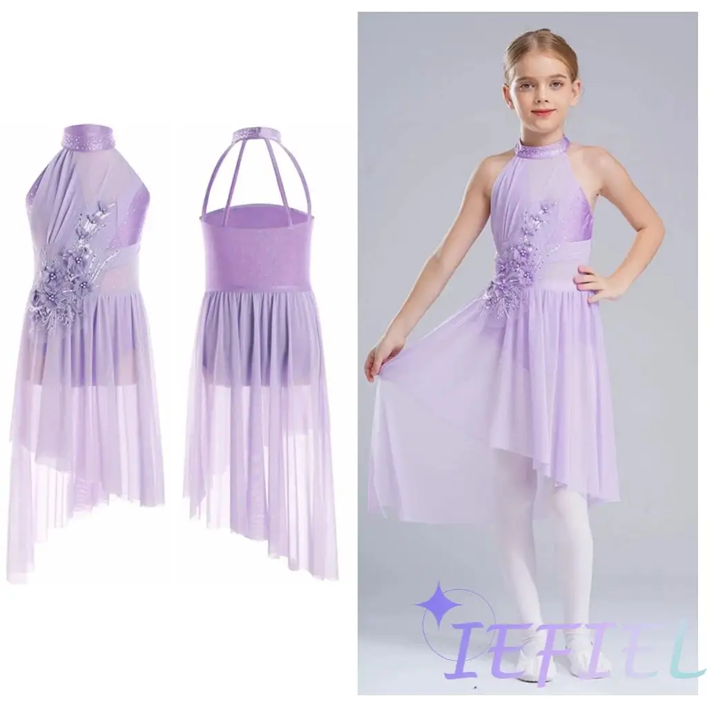 Applique Girls Lyrical Contemporary Dancewear High-Low Chiffon Splice Skirted Fancy Skating Gymnastic Costume Ballet Dresses