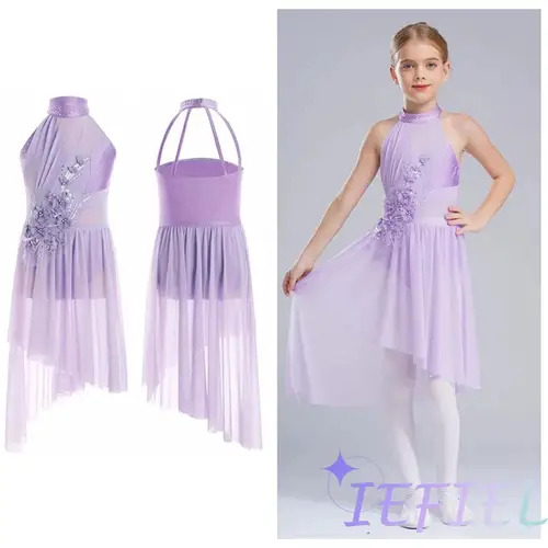 Apliques para niñas, Ropa de baile contemporánea lírico, falda de empalme de gasa alta y baja, traje de gimnasia para patinaje elegante, vestidos de Ballet