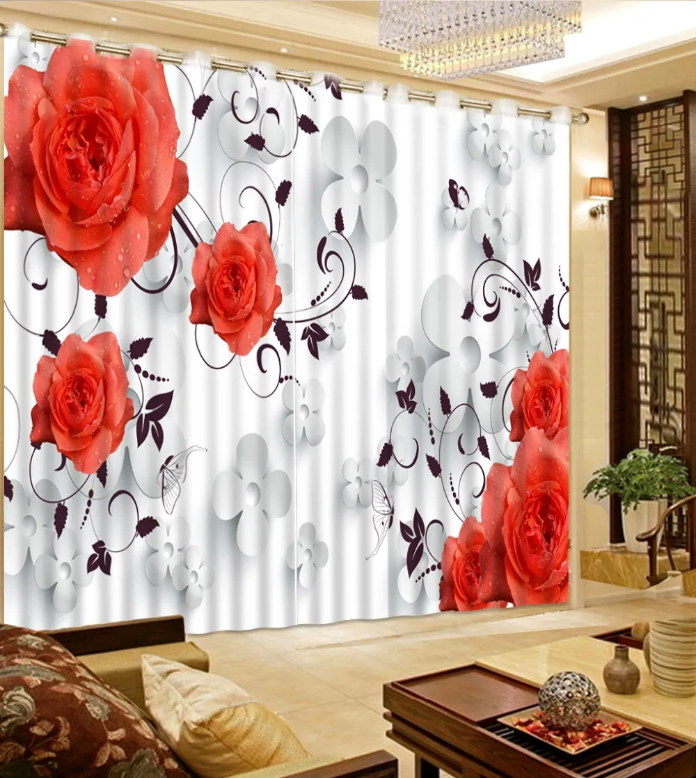 Home Bedroom Decoration Curtains For Bedroom White Flowers Red Flowers Bed Room Living Room Office Hotel Curtain Customize Size