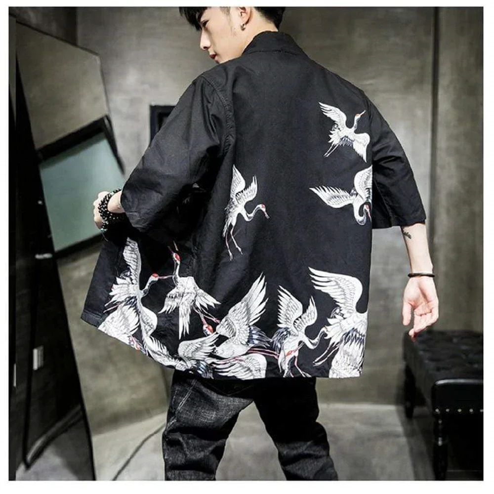 Moda uliczna Męski kardigan Kimono Żuraw Nadruk Codzienny Casual Męski top Luźna moda Trzy czwarte rękawa Kimono Przystojny