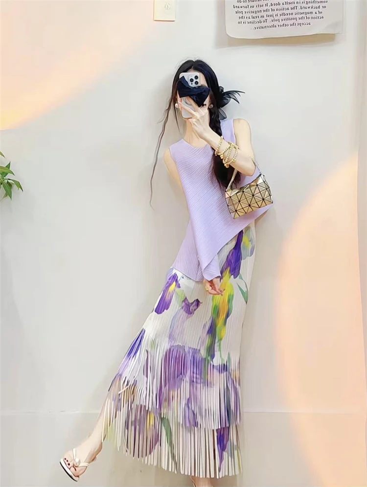Korean Style Watercolor Gradient Tassel Half Skirt Set Women's Sleeveless Fashionable round Neck Pullover Polyester Fiber