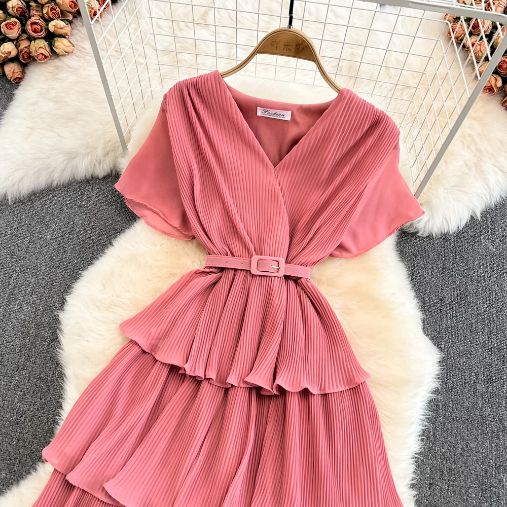 Summer Beach Long Dress Women Elegant V-Neck Short Sleeve Cascading Ruffles Big Swing Vestidos Female Red/Green/Pink Maxi Robe