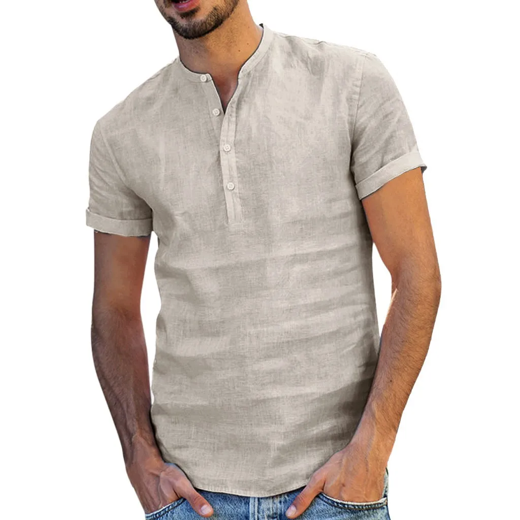 

Men's ort Sve Cotton Linen irt Stand Collar Casual Thin Summer Faion European Sle Pure Color Top Quali New Arrival