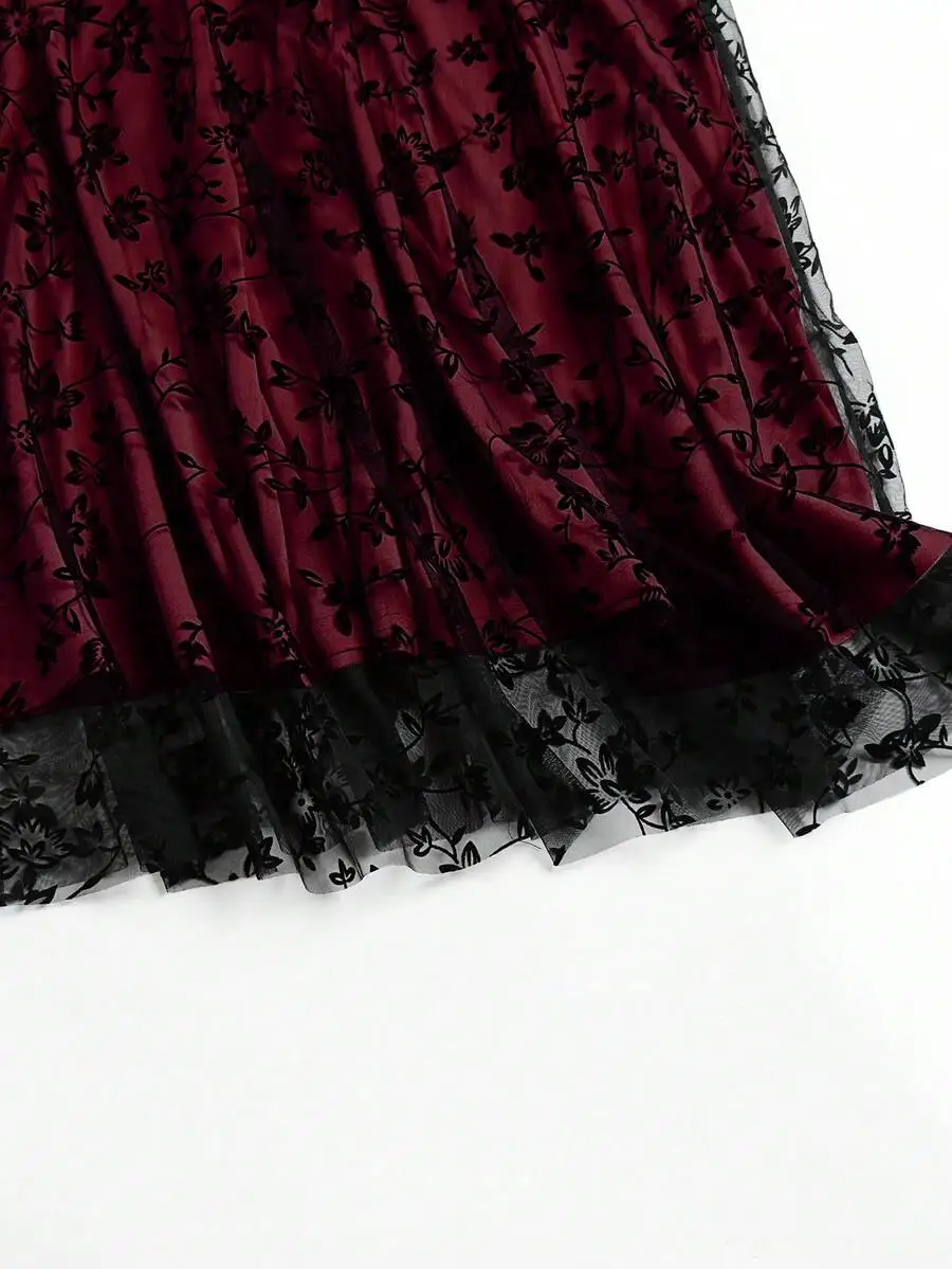 

Womens Elegant Contrast Mesh Floral Flocked Skirt Autumn