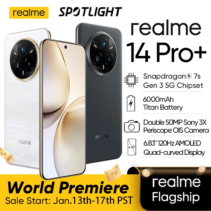 [Мировая премьера] Смартфон Realme 14 Pro Plus, процессор Snapdragon 7s Gen 3, 80 Вт, зарядка, 6000 мАч, двойная камера Sony, 50 МП