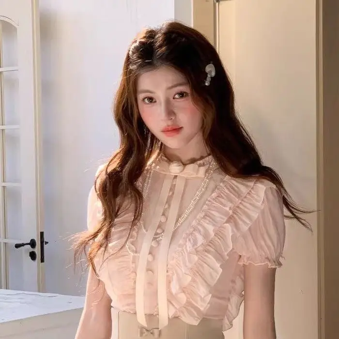 Sweet Japanese Retro Two Piece Sets Women Lolita Bow Blouse Ruffle Mini Skirt Y2K Kawaii Daily Outerwear