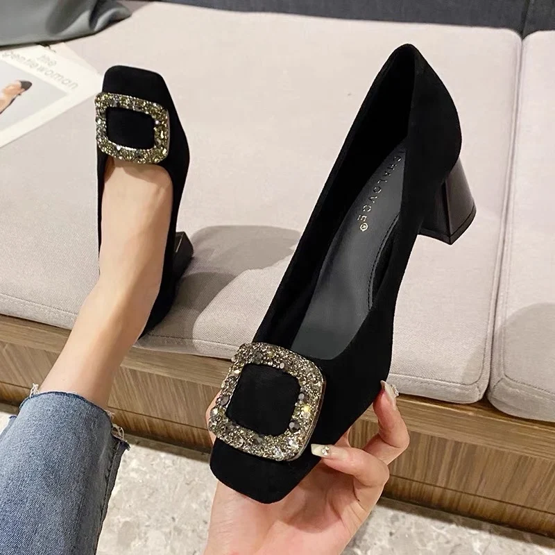 

New Woman Square Toe Buckle Shoes Rhinestone Retro Fashion Shoes Shallow Mouth 5CM High Heel Female Elegant French Suede Loafers