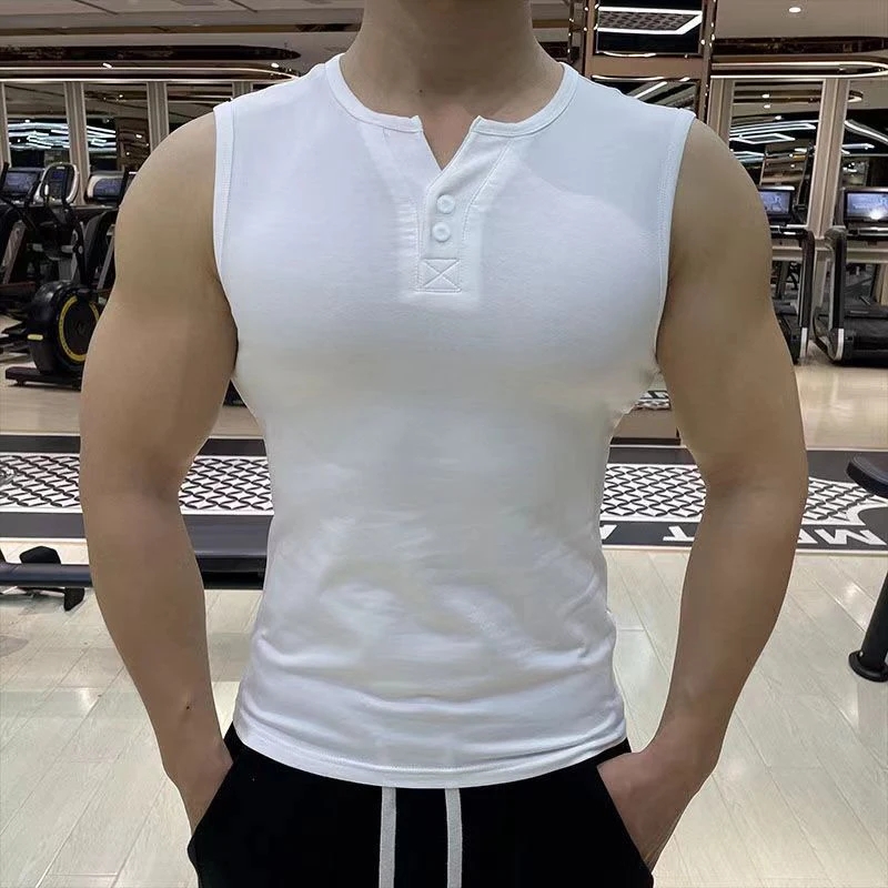 Summer Sleeveless Men V Neck Henley Tank Tops Fashion Casual Beach Shirts Fitness Quick Drying Sports Running Train Black White