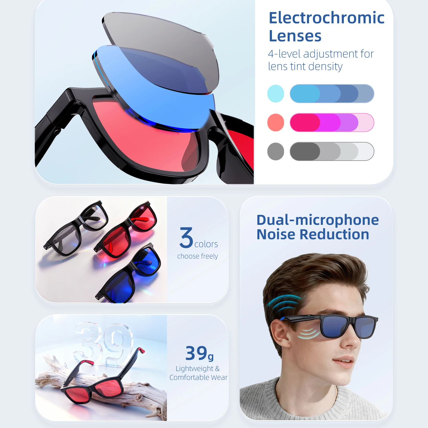 New AI Audio Glasses Electrochromic Lenses Blue Tooth Call Smart Glasses Dual Microphone Noise Reduction Fashion Sunglasses view 2