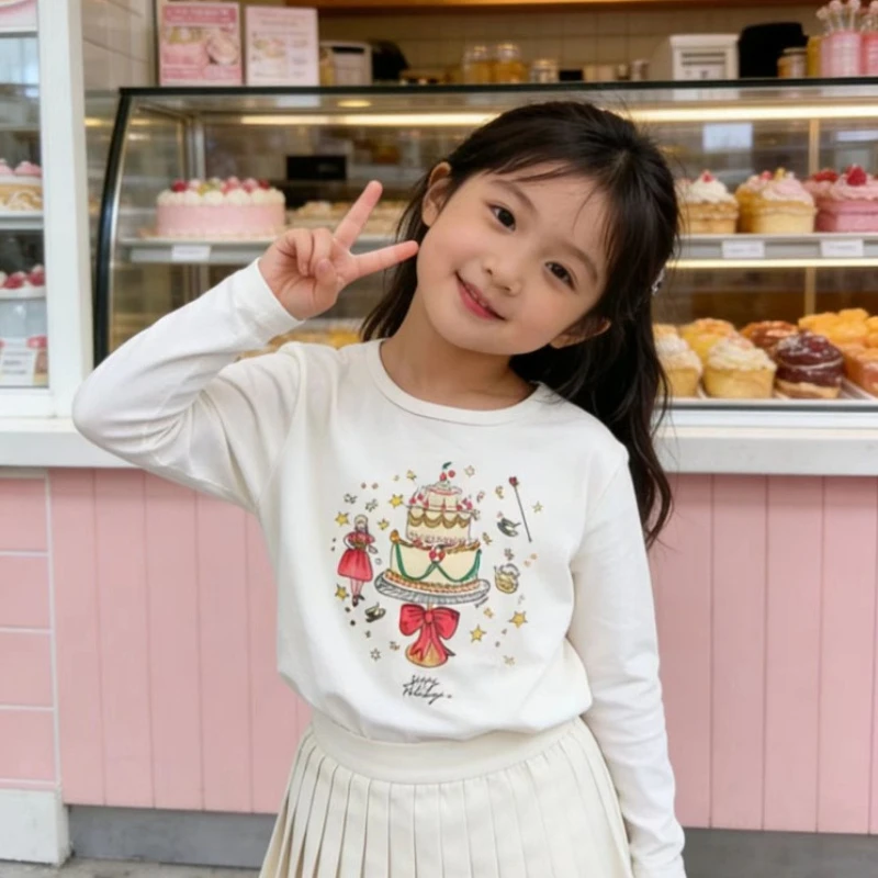 Children's Long-sleeved T-shirt  Spring/Summer 2026 New Style Girls' Sweet Birthday Cake Printed Cotton Top
