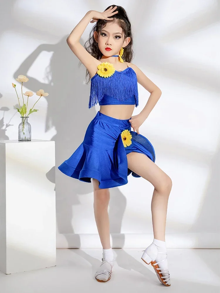 Faldas, nuevo traje de baile latino para niños, tops con tirantes y borlas para niñas, disfraz de crisantemo latino, disfraz de actuación, falda grande