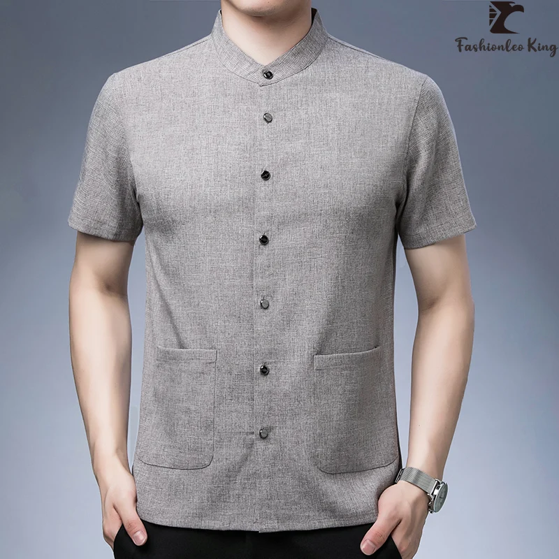 

Summer Men Vintage Casual Loose Numb Single Breasted Short Sleeve Male Pockets Breathable Comfortable Linen Shirt Tops