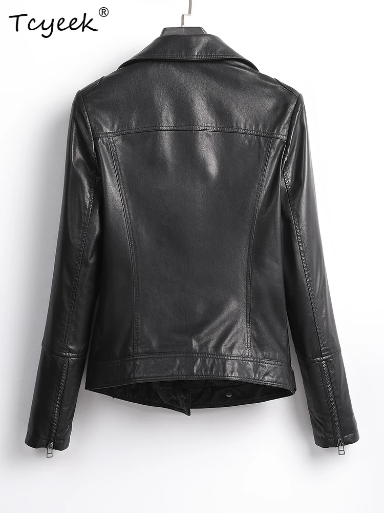 Tcyeek Giacca in pelle da donna in pelle di pecora Primavera Autunno Colletto del vestito a maniche lunghe Giacca da moto corta nera Chaqueta Cuero Mujer