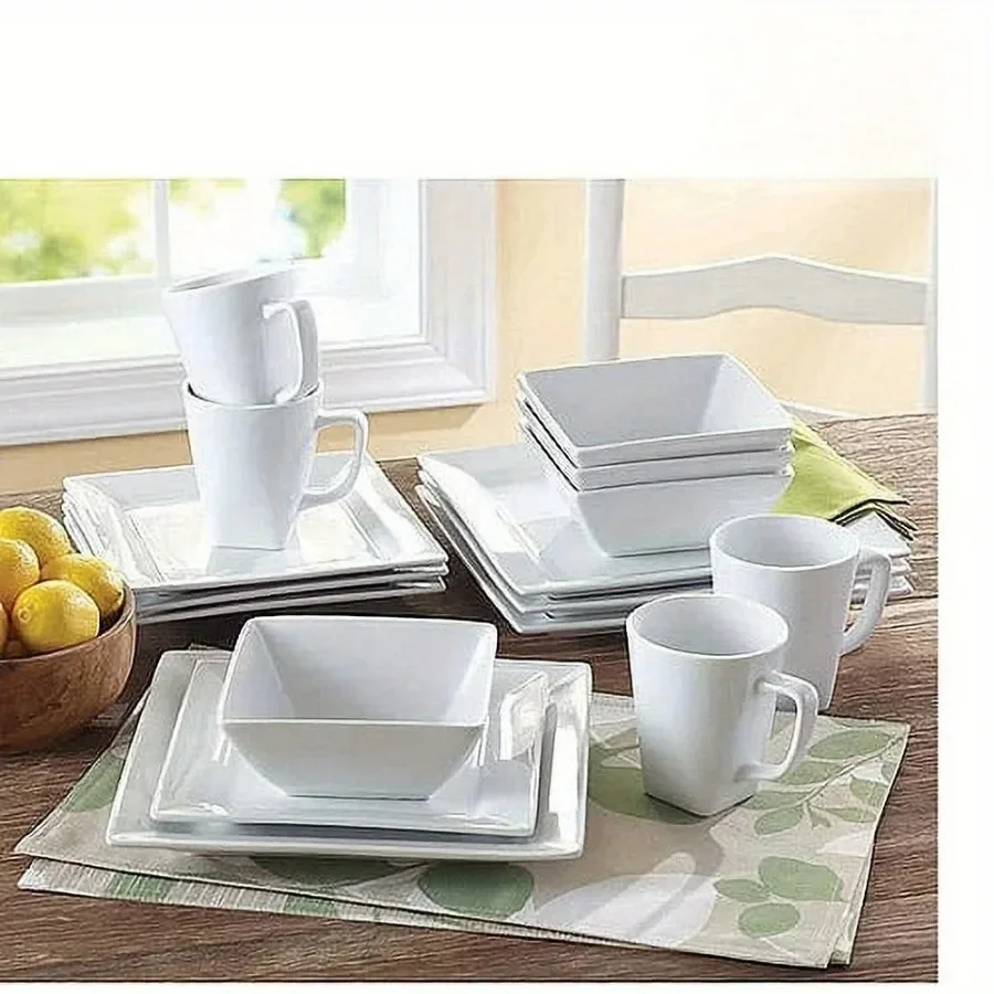 

16-Piece Square Porcelain Dinnerware Set, Modern Tableware for 4-Settings & Contemporary Dining.