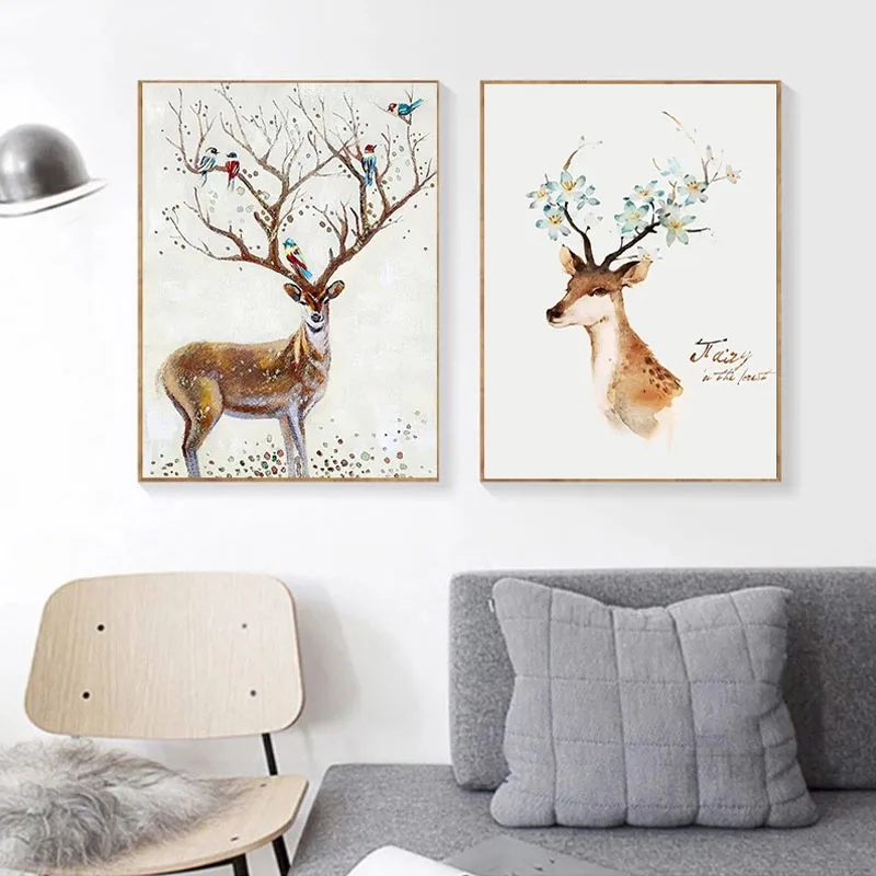 Modern Abstract Printmaking Cute Colorful Sika Deer Art Canvas Posters and Printed Pictures for Living Room Home Decoration