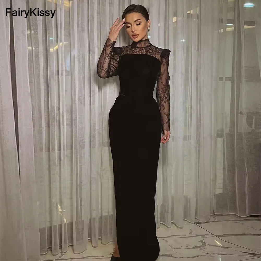 

FairyKissy черные бархатные женские вечерние платья с высоким воротником и длинными рукавами, кружевные наклейки, вечерние платья принцессы для выпускного вечера
