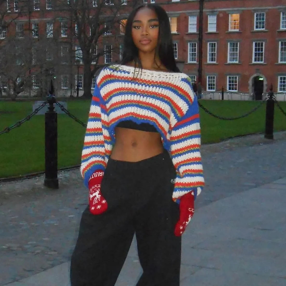 

Gtpdpllt полосатый свитер для женщин, вязаные пуловеры, укороченные топы с длинными рукавами, уличная одежда, Рождество, зима 202, одежда Y2K