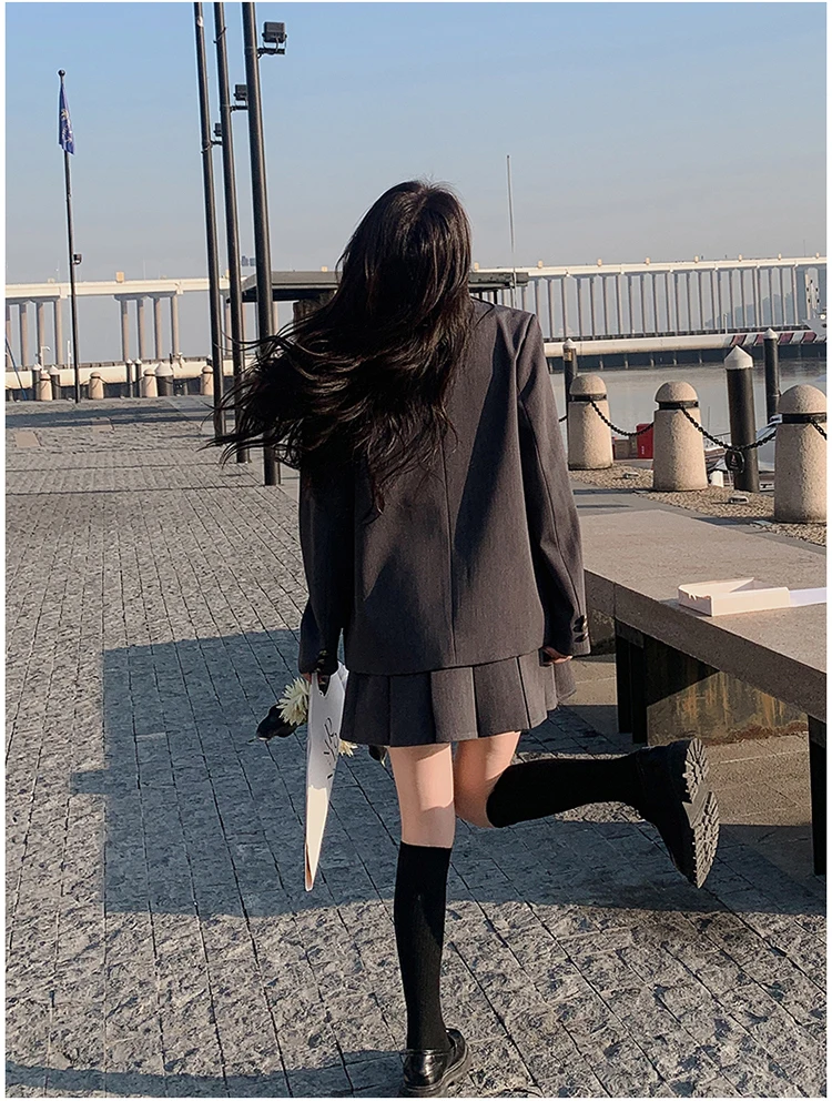 British College Style Gray Blazer and Mini Pleated Skirt Set 2025 New Spring Autumn Elegant Casual Outfit Two-piece Set Women