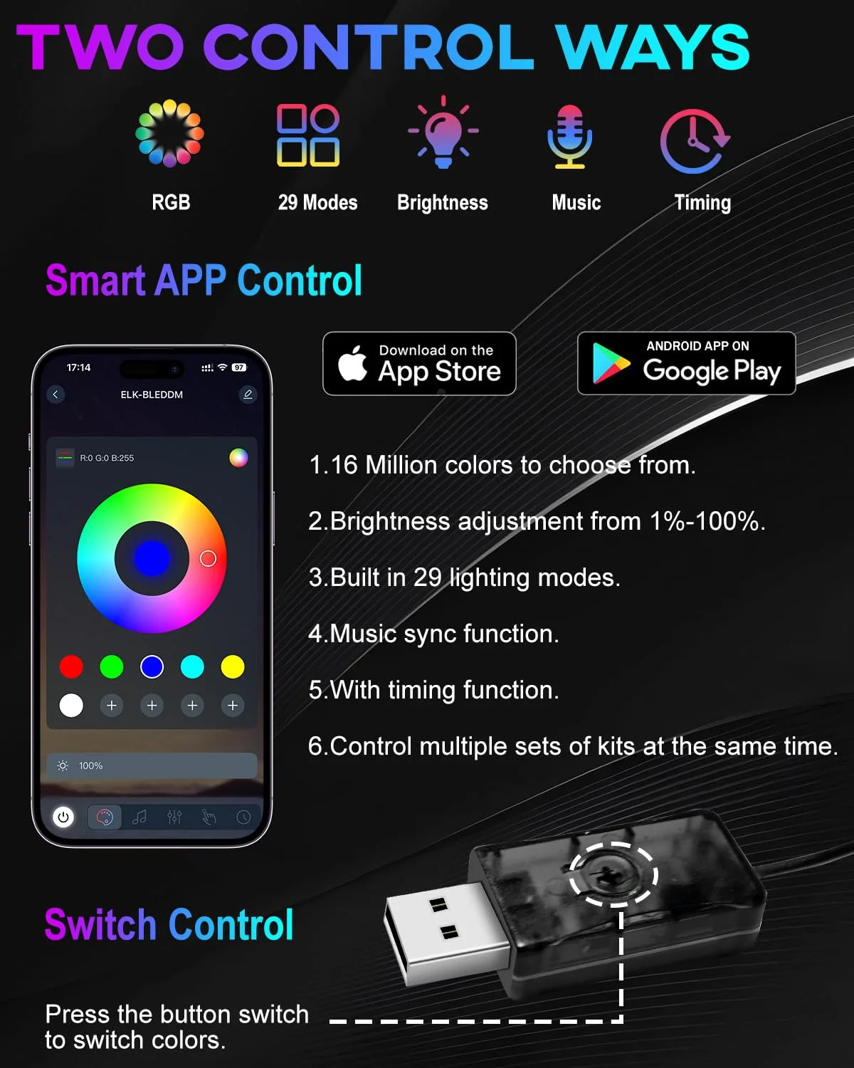 أضواء شريط LED للسيارة الداخلية، مجموعات الإضاءة المحيطة مع تطبيق USB للتحكم بالبلوتوث، مزامنة الموسيقى الألياف البصرية السيارات الداخلية Ne