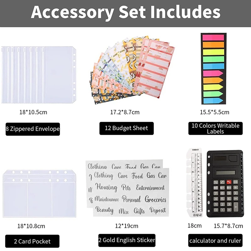 A6 Budget Binder, With Zipper Envelopes,Calculator And Card,PU Money Saving Organizer For Cash Stuffing Envelopes Binder