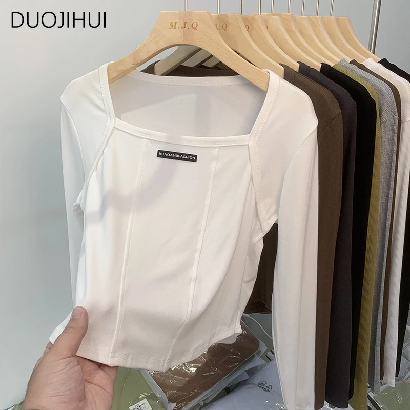 DUOJIHUI American Chic Square Neck Simple Women t-shirt autunno New Basic tinta unita moda Casual manica lunga t-shirt femminili