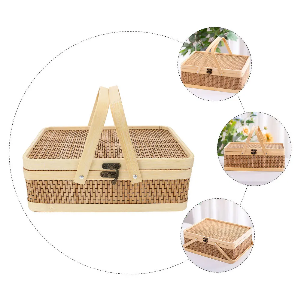 

Rustic Bamboo Basket Handle Lid Outdoor Flower Wedding Gift Party Festival Picnic Storage Harvest Baskets Market Baskets