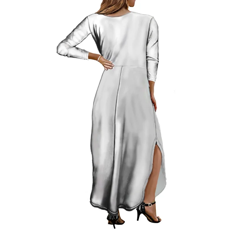 Women's Dress Polynesian Tribal Samoa White Tapa Pattern Print Custom Maxi Dress Side Split Ladies Sexy V-Neck Long Sleeve Dress