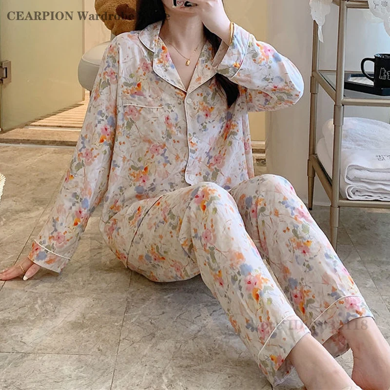 

Women's Sleepwear Retro Print Flower 2PCS Pajamas Set Spring Summer Lapel Long Sleeve Top&Trouser Home Clothes Loose Loungewear