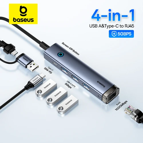 Baseus USB Hub tipo C USB-A adaptador a USB 3,0 5Gbps transferencia de datos RJ45 Gigabit Ethernet 4 en 1 estación de acoplamiento Hub para MacBook