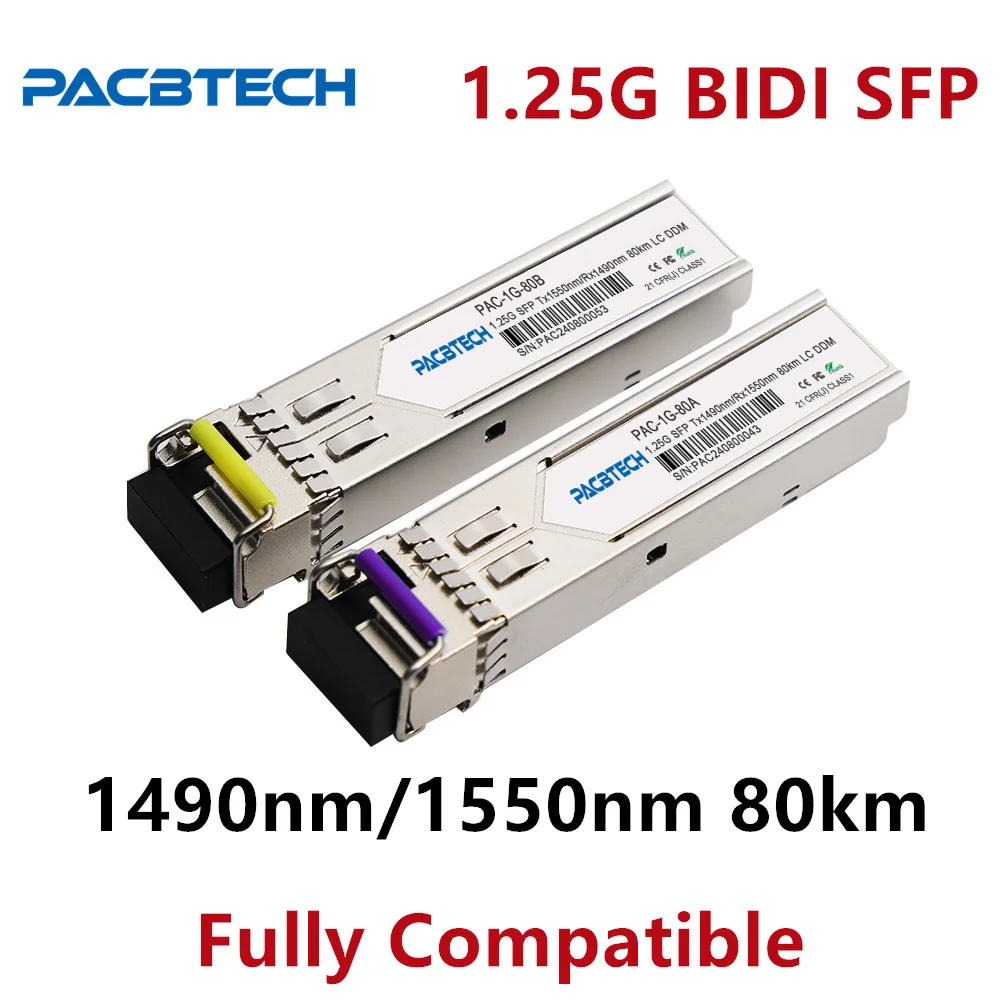 جهاز إرسال واستقبال PACBTECH 1.25G SFP، 80 كجم 1490 نانومتر/1550 نانومتر 1000Base-BIDI وحدة Simplex LC sfp أحادية الوضع PAC-1G-80AI /AC-1G-80BI