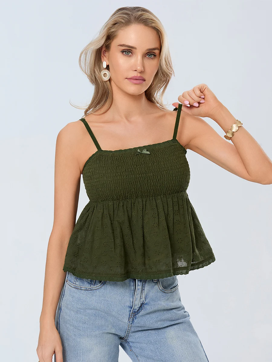 wsevypo Hotsweet Spaghetti Straps Camis Tops Summer Sleeveless Hollow Eyelets Smocked Bandeaus Bodydoll Vests Slip Crop Tops