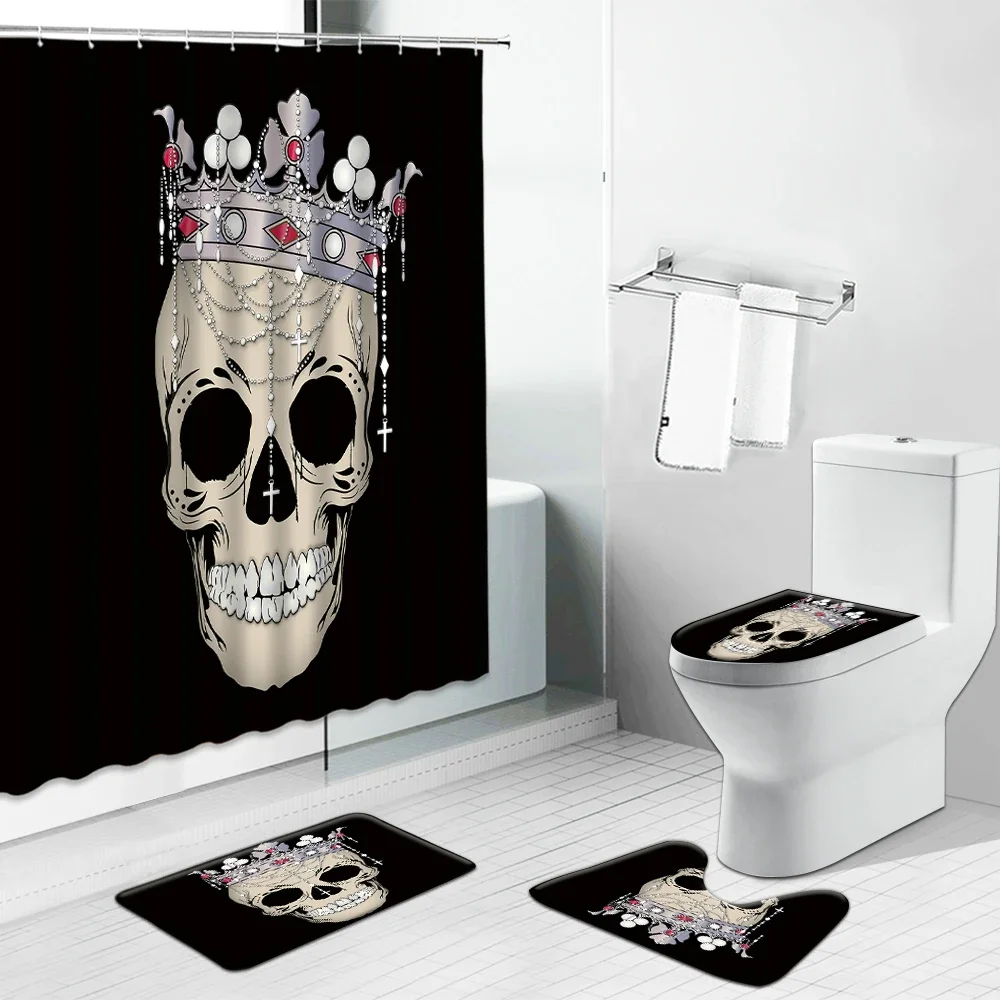 Funny Skull Skeleton Print Shower Curtain Set Halloween Festival Home Decor Bath Mat Toilet Lid Cover Flannel Bathroom Carpet