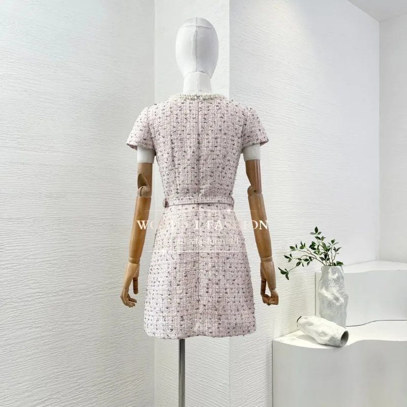 Pink Mixed Color Chanel Style Tweed Pearl Short Sleeve Mini Dresses for Party 2025 High Quality New Fashion Style