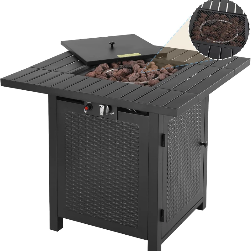 30‘’ Propane Fire Pit Table，2-in-1 Steel Square Gas Fire Bowl，50,000 BTU Fireplace，with Fence Surface，Waterproof Cover