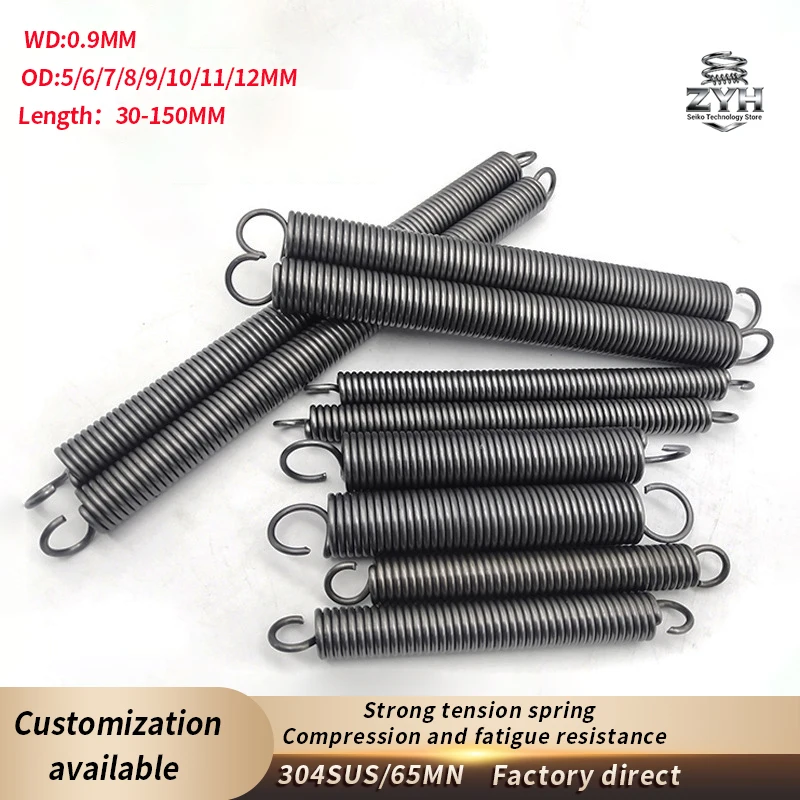 2pcs stretch small spring 304SUS/65MN WD0.9mm,OD5-12mm,Length 30-150mm packaging sealing machine tension spring