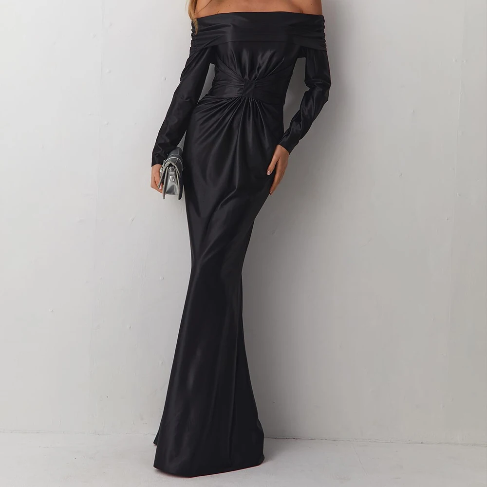 

Вечерние платья трапециевидной формы по индивидуальному заказу, длиной до пола, с открытыми плечами, с длинными рукавами, платье для выпускного вечера, модное плиссированное простое драпированное вечернее платье