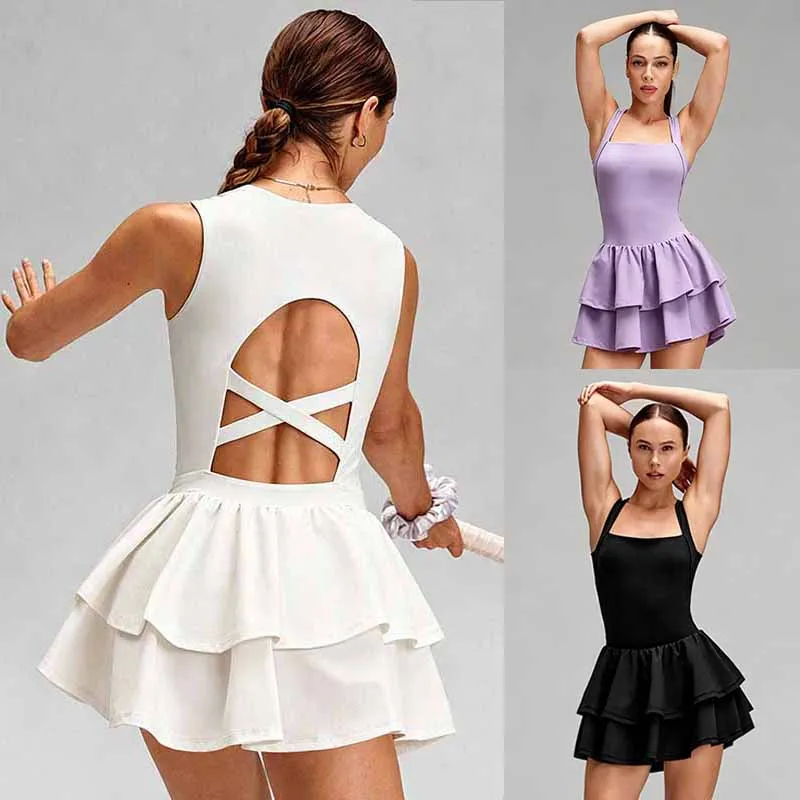 Women Ruffle Tennis Dress with Bra and Shorts Ladies Backless Athletic Dresses Breathable Slim Workout Golf Cake Mini Skirts