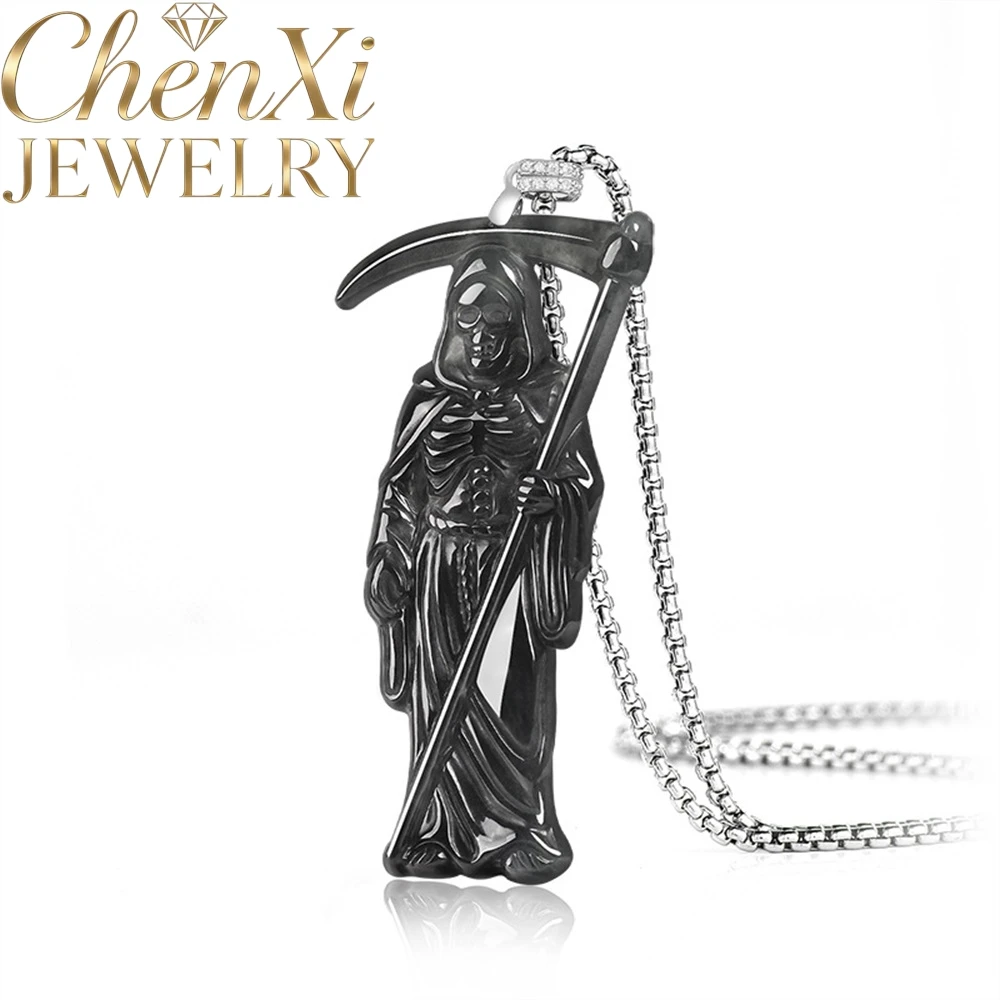 

S925 Silver Natural Burmese A-Grade Black Jadeite Skull Death God Pendant Fashionable Unique Hip-Hop Style Popular Jewelry Gif