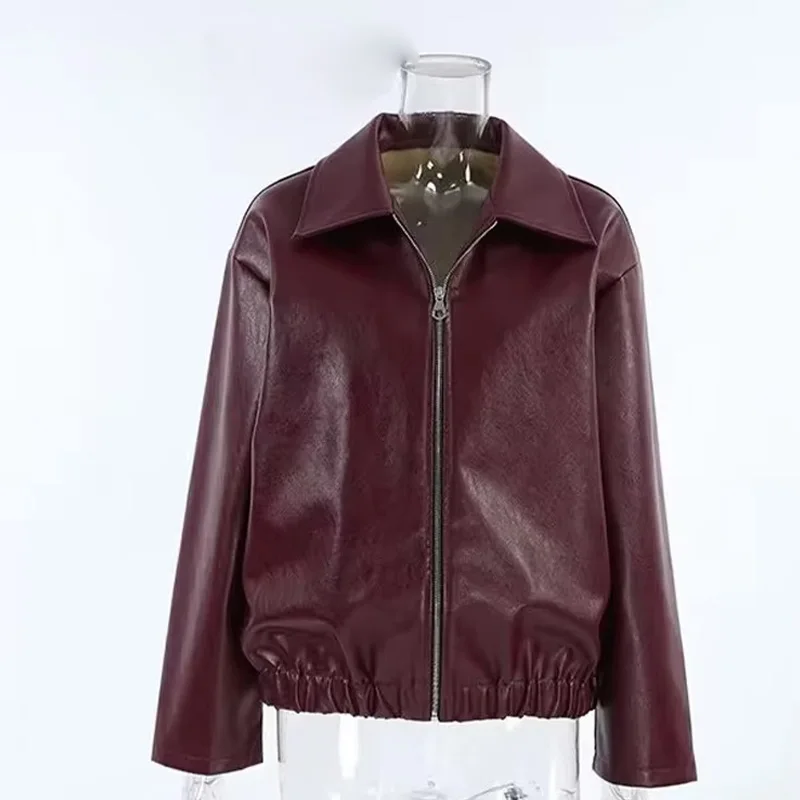 Veste courte en cuir Chic pour femme, Style américain, Vintage, bordeaux uni, rouge, fermeture éclair, manches longues, automne 2024