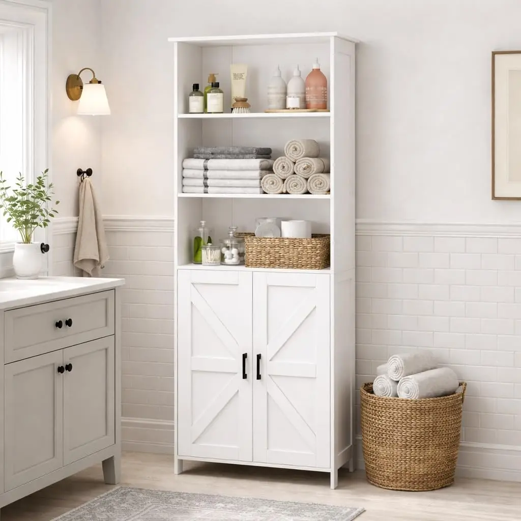 Tall Bathroom Storage Cabinet, Freestanding Floor Linen Tower Organizer With Adjustable Shelves And Double Doors, Farmhouse Pantry Cupboard Rack For Living Room Laundry Room, White